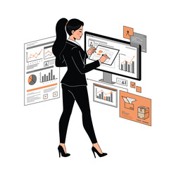 Poster - Businesswoman analyzing data with graphs in a minimal flat vector illustration