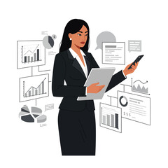 Poster - businesswoman analyzing data with graphs and charts in flat vector illustration