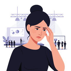 Poster - woman with troubled expression in flat design vector art illustrating stress at a business presentat