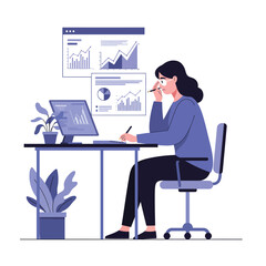 Poster - Woman working at desk with charts and plants in flat vector illustration