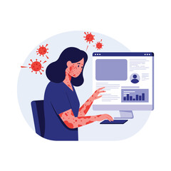 Poster - Woman working on computer in flat design style with virus elements vector illustration