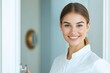 © Luiri Art - Smiling hotel housekeeper in a white uniform knocking on a guest room door, welcoming visitors with a friendly and professional demeanor in a modern hospitality setting