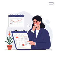 Poster - businesswoman analyzing data with calendar and chart in minimal vector illustration