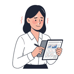 Poster - woman analyzing financial data with tablet in minimal flat vector art
