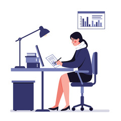 Poster - Woman working at desk with laptop in minimal flat vector illustration