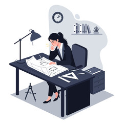 Poster - professional woman studying blueprints in flat modern office vector illustration