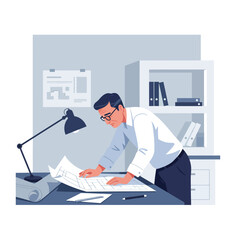 Poster - professional man analyzing blueprints in a minimal workspace vector illustration