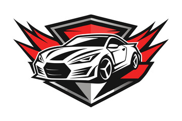 Poster - Vector illustration of a sleek sports car with dynamic lines and bold graphics set against a striking red and black shield background