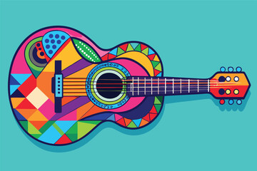 Poster - Colorful vector illustration of an acoustic guitar featuring vibrant patterns and shapes on a bright turquoise background