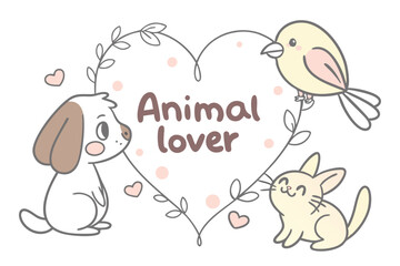 Poster - Cute illustration featuring a dog, cat, and bird in a heart shape celebrating animal love and companionship