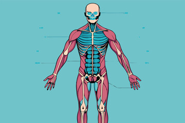 Poster - Detailed vector illustration of human anatomy highlighting muscles and skeletal structure for educational and artistic purposes