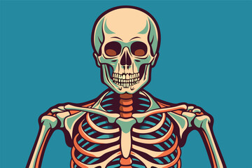Poster - Detailed vector illustration of a human skeleton showcasing its anatomical structure in a vibrant blue background