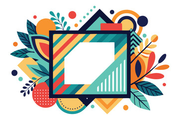 Aufkleber - Colorful geometric vector illustration showcasing an abstract frame surrounded by various shapes and foliage with vibrant colors and patterns