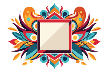 Poster - Colorful geometric vector illustration showcasing an abstract frame surrounded by various shapes and foliage with vibrant colors and patterns
