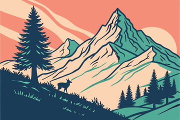 Poster - Exploration during sunset in a tranquil mountain landscape with a winding path and tall trees inviting adventure
