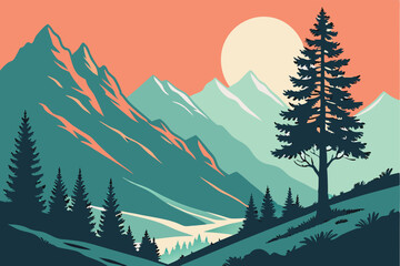 Poster - Exploration during sunset in a tranquil mountain landscape with a winding path and tall trees inviting adventure