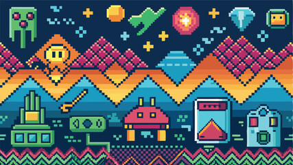 Poster - Colorful vector illustration featuring playful shapes and designs set against a vibrant background full of graphic elements