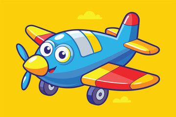 Poster - Colorful vector illustration of a cheerful cartoon airplane flying in a bright blue sky with fluffy clouds
