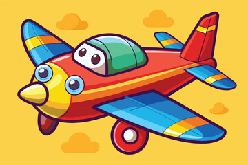 Poster - Colorful vector illustration of a cheerful cartoon airplane flying in a bright blue sky with fluffy clouds
