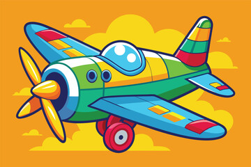 Poster - Colorful vector illustration of a cheerful cartoon airplane flying in a bright blue sky with fluffy clouds