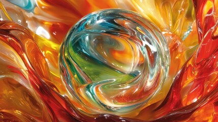 Poster - A Transparent Glass Orb Surrounded by Swirling Multicolored Fluid