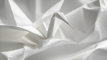 Poster - A crisp white origami crane rests on crumpled white paper