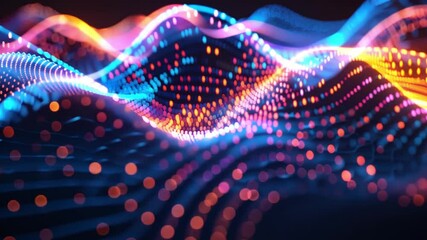 Poster - vibrant digital abstract art dynamic wave patterns with glowing dots and colorful lines creating fut