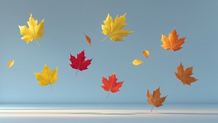 Aufkleber - Different autumn leaves drifting on a soft light blue background
