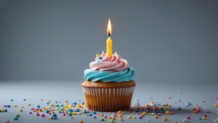 Aufkleber - Tasty birthday cupcake featuring a burning candle in the background