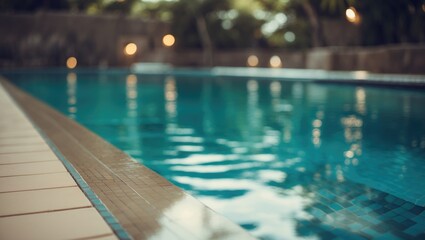 Poster - Summer pool backdrop. Vacant area on the pool's edge, stone tiles, and blurred swimming pool at a tropical resort, background for showcasing or displaying your products.