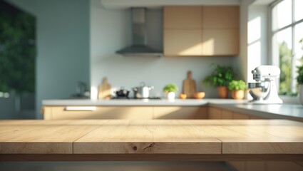 Poster - Beautiful empty wooden table surface with a blurred contemporary kitchen interior in the background.