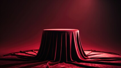 Aufkleber - Cylinder podium draped with red cloth in the background. Premium empty fabric pedestal for displaying products.