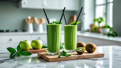 Poster - Fresh smoothie and ingredients on a white marble table. Space available for text.