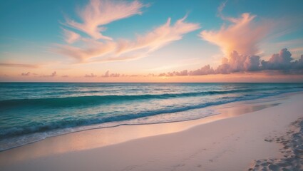 Wall Mural - Closeup beach view depicting peace. Serene natural landscape. Inspiring tropical seaside seascape with wave horizon. Soft golden sunset over sea, sand, and sky. Calm, relaxing summer vacation backd...