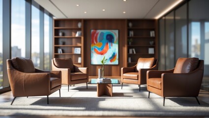 Aufkleber - Blurred background of a modern office interior featuring brown leather chairs, an abstract artwork, and large windows creating a tranquil workspace.