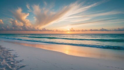 Wall Mural - Serene closeup beach. Tranquil nature scenery. Inspire tropical coastline seascape wave horizon. Soft golden sunset ocean sand sky. Calm relax summer getaway backdrop.
