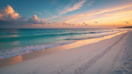 Wall Mural - Closeup of a peaceful beach scene. A tranquil nature landscape that inspires a tropical coast seascape with waves on the horizon. A soft golden sunset reflects over the sea, sand, and sky, creating...
