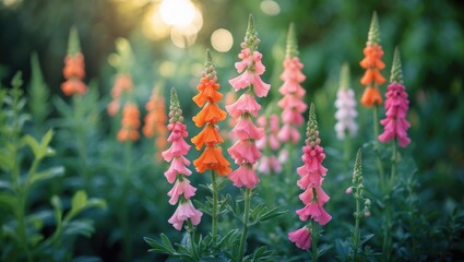 Poster - Lovely orange and pink Snapdragons (Antirrhinum majus) bloom in a botanical garden, thriving as cool-season flowers that are easy to cultivate in most gardens.
