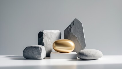 Aufkleber - Minimal scene with a white product stone podium. Stone rock arrangement pedestal featuring copy space, promotional displays, and cosmetic product showcases, isolated against a white background.