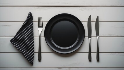 Poster - Empty plate with silver fork and knife placed on a wooden surface.