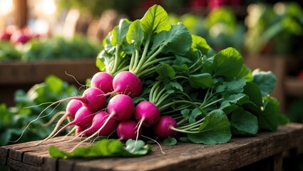 Aufkleber - Close-up of turnips with bright green leaves on a rustic farm stand. Perfect for markets, recipes, health articles, gardening, and promotions.