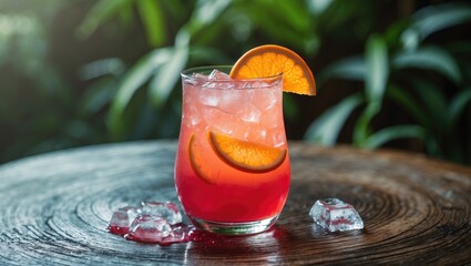 Aufkleber - Drinking glass of orange punch cocktail with orange slice on a natural setting. Refreshing fruit cocktail for summer.
