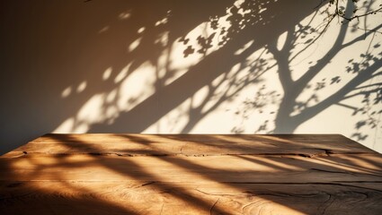 Poster - Product showcase in ambient lighting featuring a wooden table surface, featuring intricate shadow play in a minimalist indoor setting.