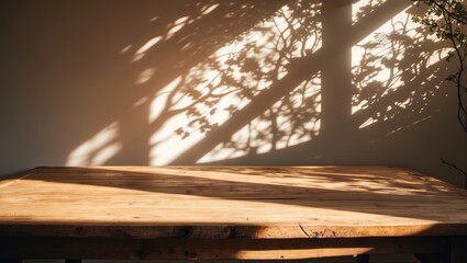 Poster - Product showcase. Ambient lighting emphasizes wooden table surface, complex shadow play, presentation spot, minimal indoor environment.