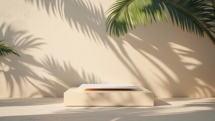 Aufkleber - Minimal product placement backdrop featuring palm shadows on a plaster wall. Luxury summer interior architecture aesthetic. Creative mockup of a product platform stage.