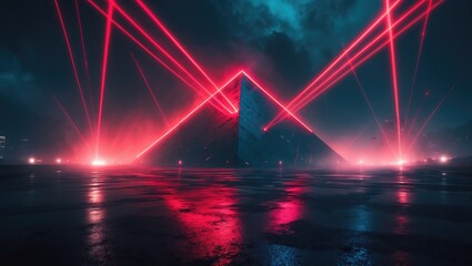 Poster - Dark street, neon light reflection on wet asphalt. Rays of light and red lasers in darkness. Abstract dark blue backdrop.
