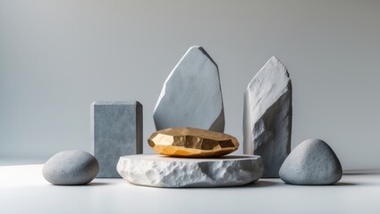 Aufkleber - Minimalist stone podium display. Simple arrangement of stone rocks with copy space for promotions and cosmetic product showcases, isolated against a white background.
