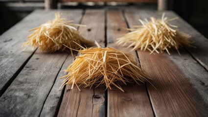Poster - Dried straw arranged on wooden table, overhead view. Space available for text.