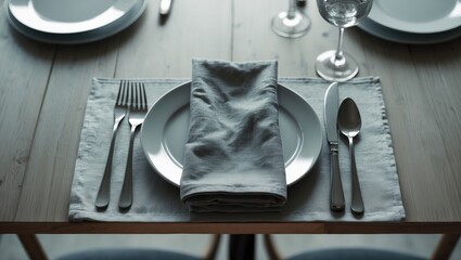 Poster - Empty plates and cutlery displayed on a tablecloth atop a wooden table for dinner, restaurant menu view from above. Flat mockup for design.