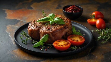 Poster - Delectable tender pork or beef steak seasoned with salt, spices, and herbs on a patterned backdrop.